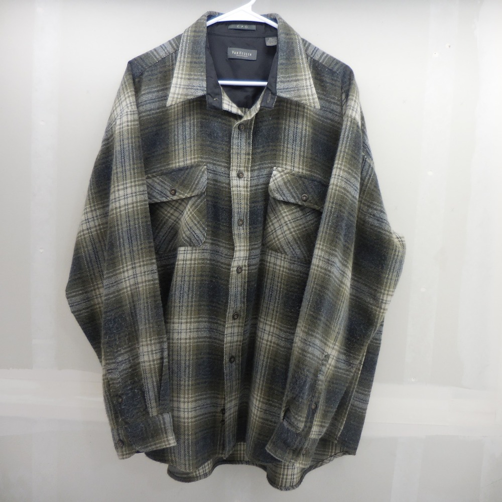 Van Heusen CPO Mens XL Green Plaid Flannel Button Down Shirt Long Sleeve Acrylic